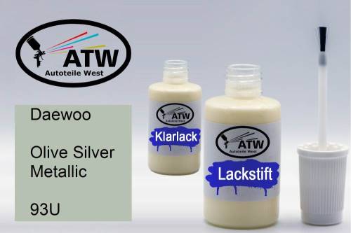 Daewoo, Olive Silver Metallic, 93U: 20ml Lackstift + 20ml Klarlack - Set, von ATW Autoteile West.